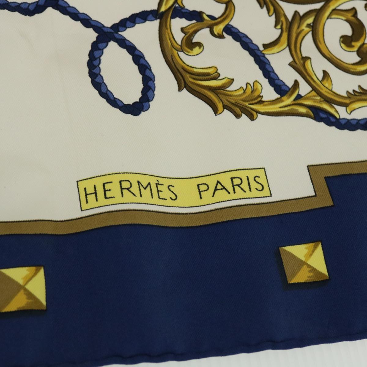 HERMES Carre 90 LES Cles Scarf Silk White Navy Auth 51106