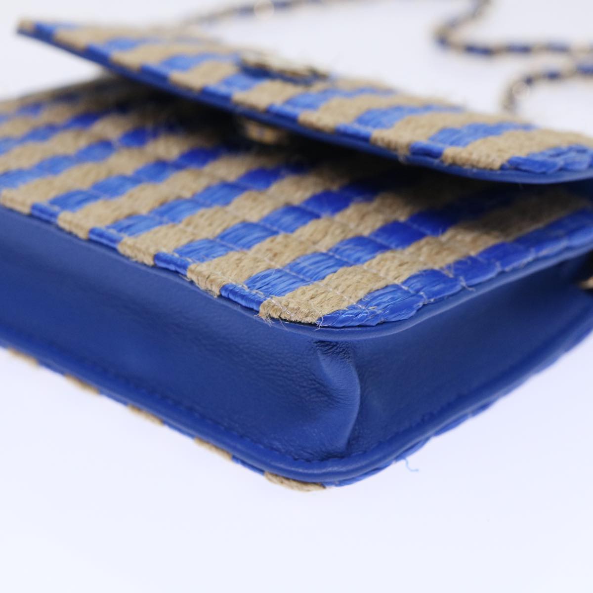 CHANEL Chain Shoulder Bag Raffia Blue Beige CC Auth 51139A