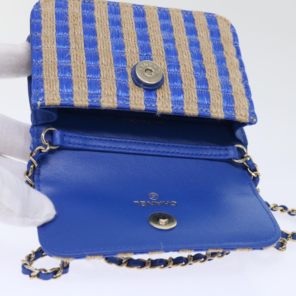CHANEL Chain Shoulder Bag Raffia Blue Beige CC Auth 51139A