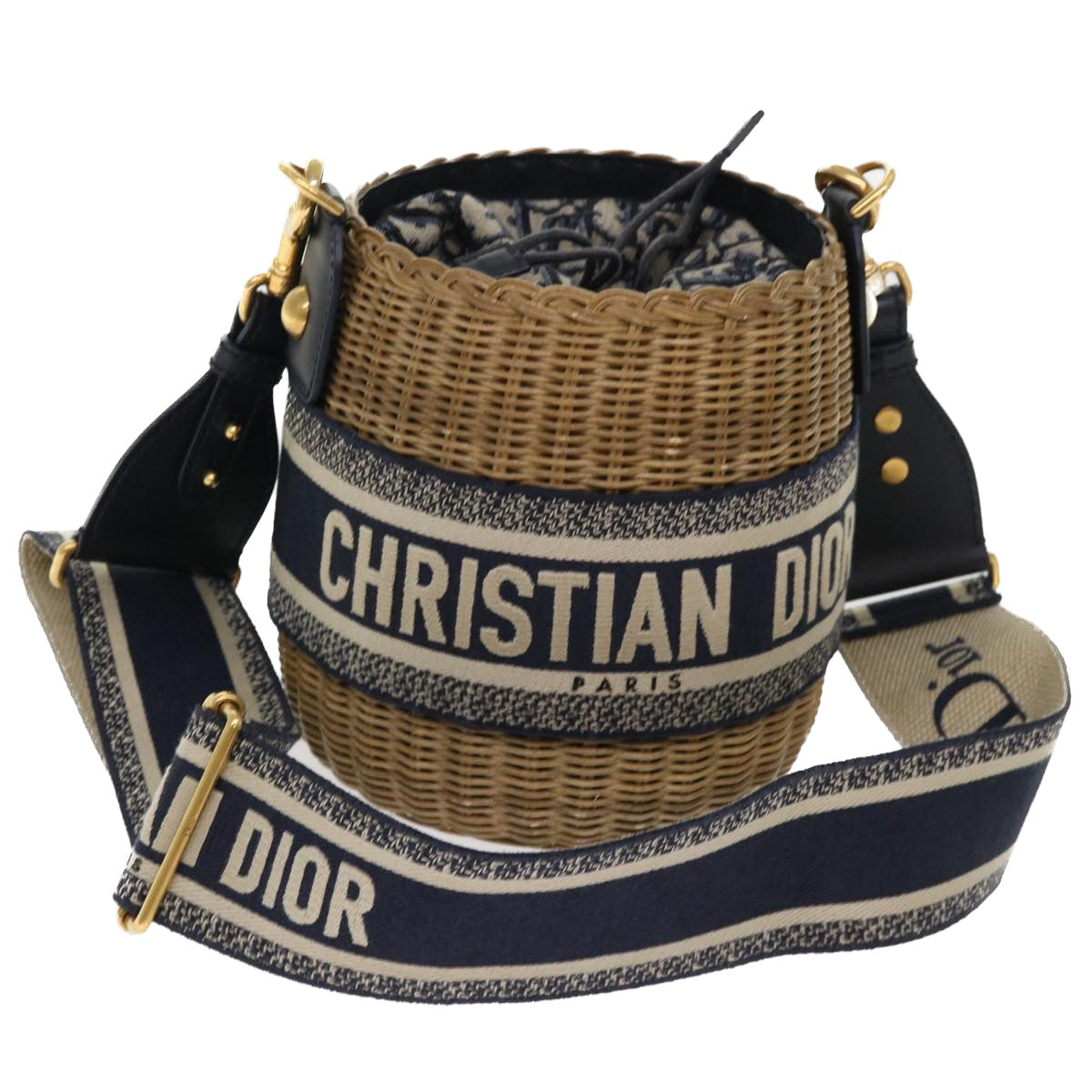 Christian Dior Basket Bag Trotter Canvas Shoulder Bag Rattan Blue Auth 51270A