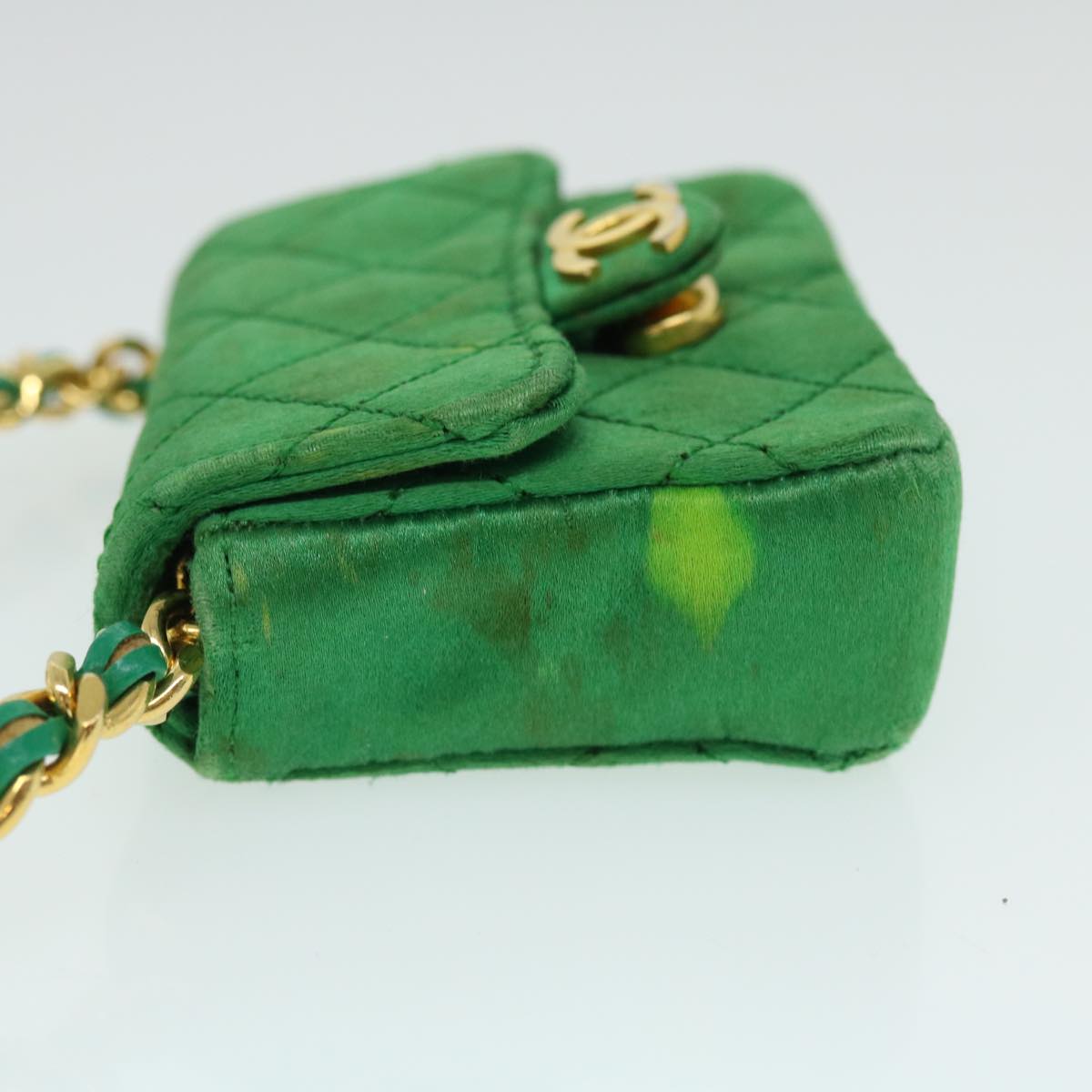 CHANEL Mini Matelasse Chain Pouch Shoulder Bag Satin Green Gold CC Auth 51271A