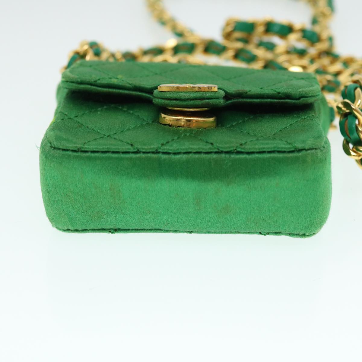 CHANEL Mini Matelasse Chain Pouch Shoulder Bag Satin Green Gold CC Auth 51271A