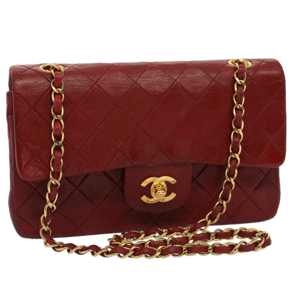 CHANEL Matelasse 23 Double Chain Flap Shoulder Bag Lamb Skin Red CC Auth 51275A