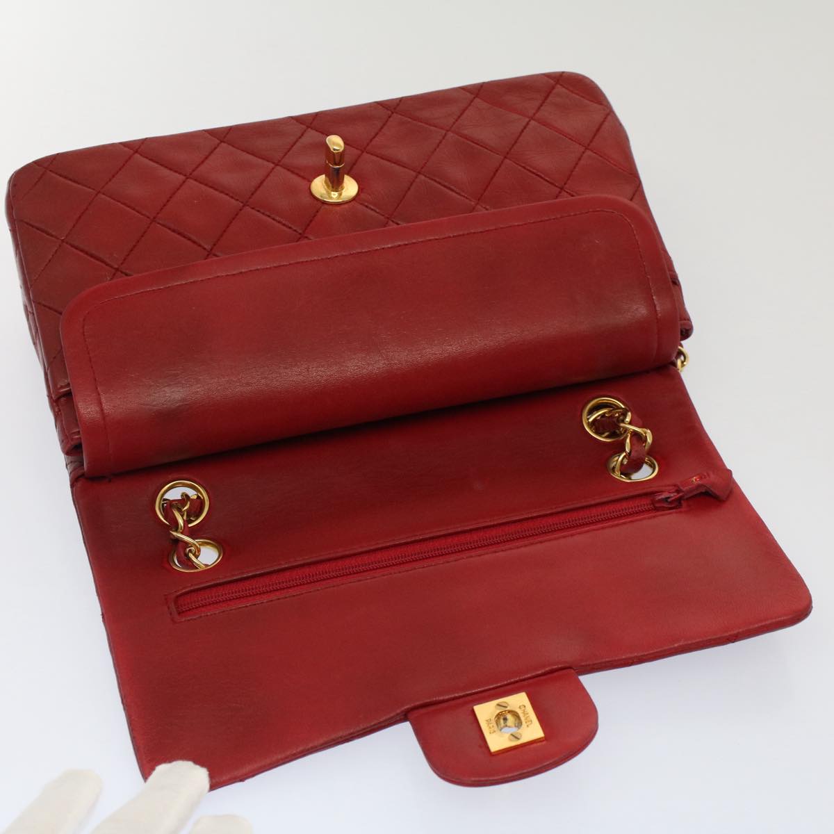 CHANEL Matelasse 23 Double Chain Flap Shoulder Bag Lamb Skin Red CC Auth 51275A