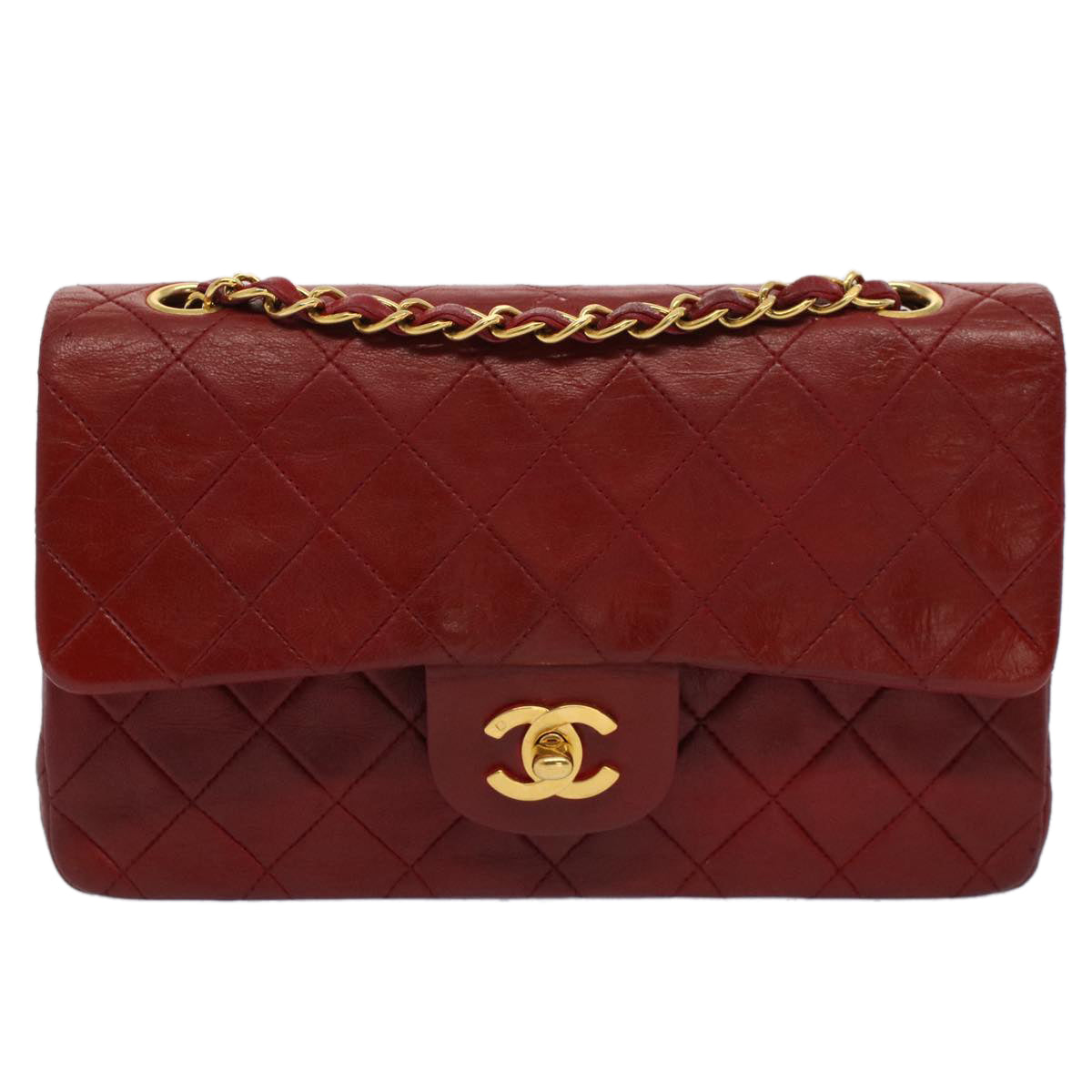 CHANEL Matelasse 23 Double Chain Flap Shoulder Bag Lamb Skin Red CC Auth 51275A