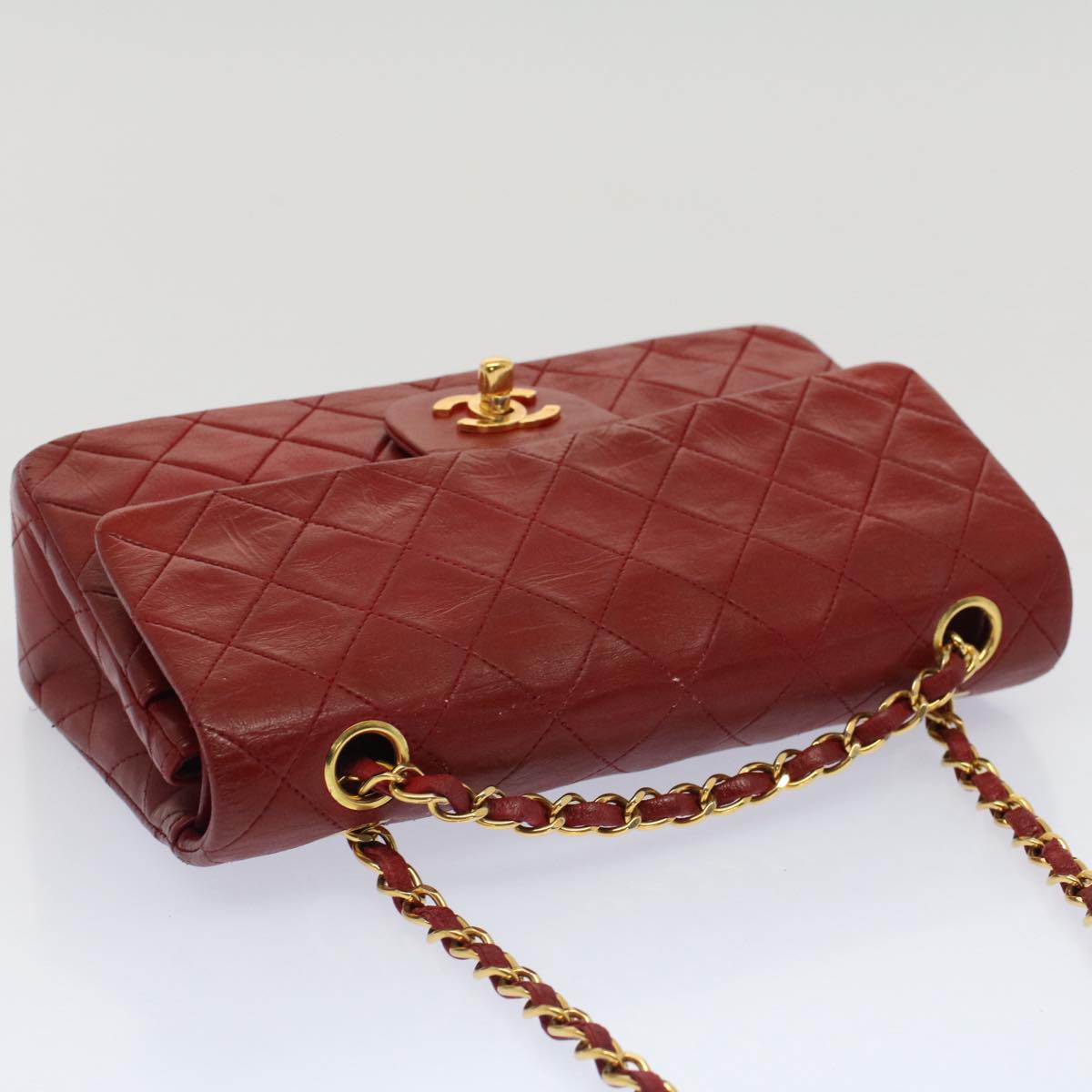 CHANEL Matelasse 23 Double Chain Flap Shoulder Bag Lamb Skin Red CC Auth 51275A