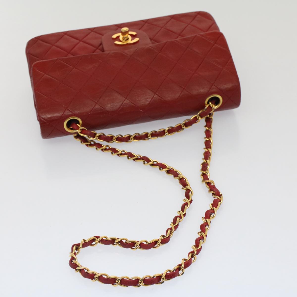 CHANEL Matelasse 23 Double Chain Flap Shoulder Bag Lamb Skin Red CC Auth 51275A