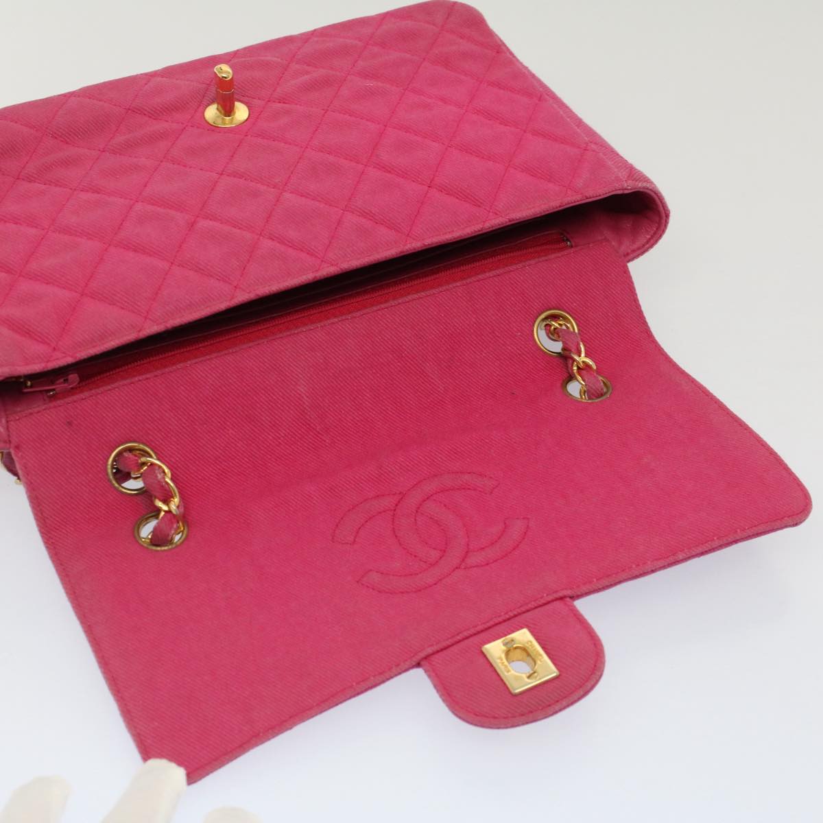 CHANEL Matelasse 25 Chain Flap Shoulder Bag Canvas Pink CC Auth 51276A