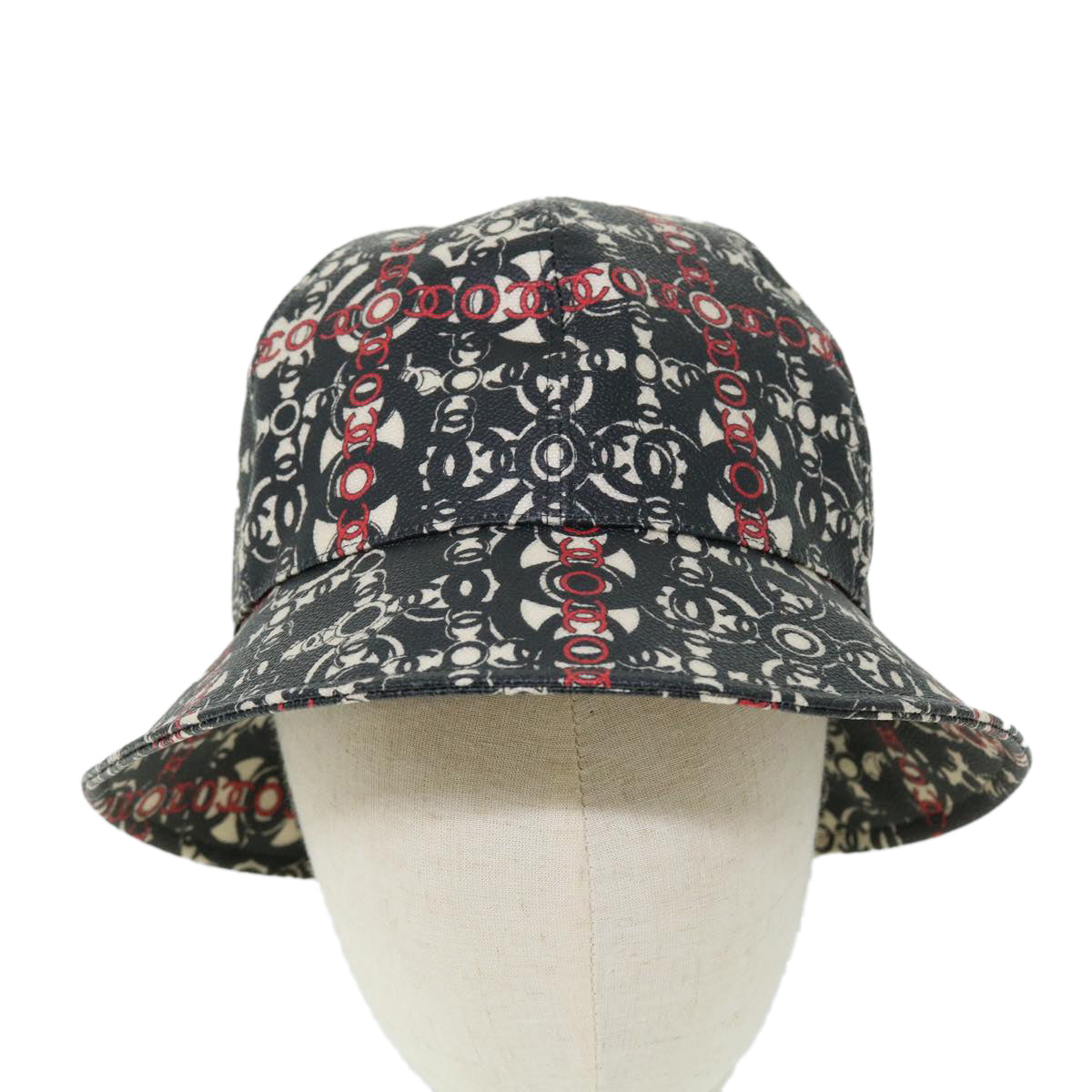 CHANEL COCO Mark Hat PVC Leather Black White Red CC Auth 51278 - 0