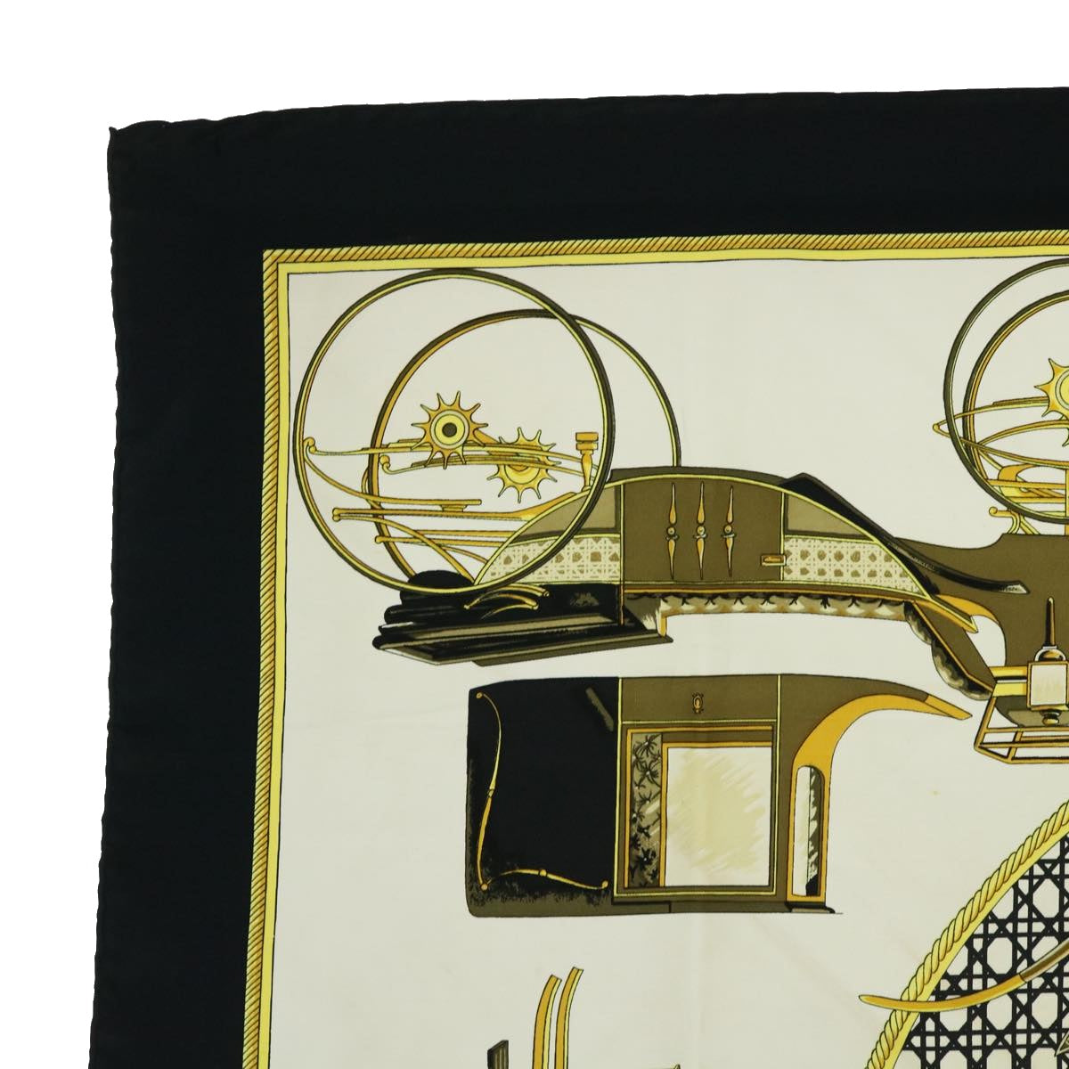 HERMES Carre 90 LES VOITURES A TRANSFORMATION Scarf Silk White Black Auth 51381