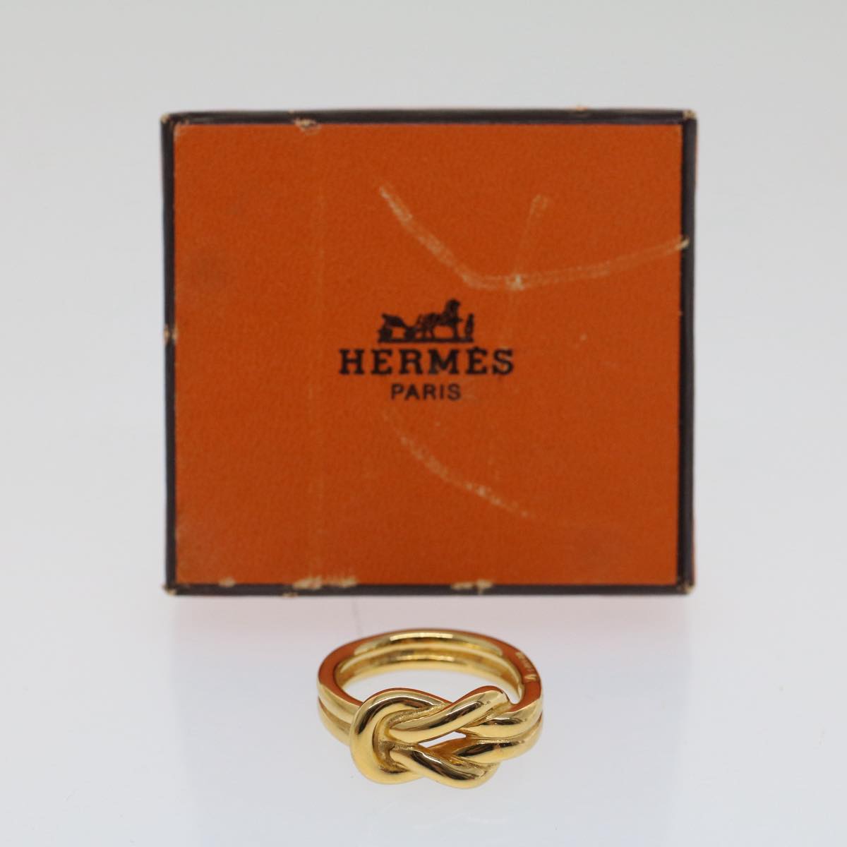 HERMES Atame Circle Knot Design Scarf Ring Metal Gold Tone Auth 51414