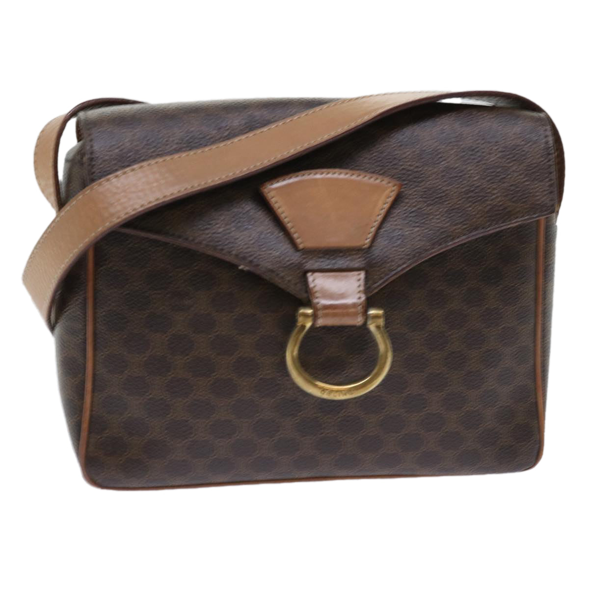 CELINE Macadam Canvas Shoulder Bag PVC Leather Brown Auth 51453