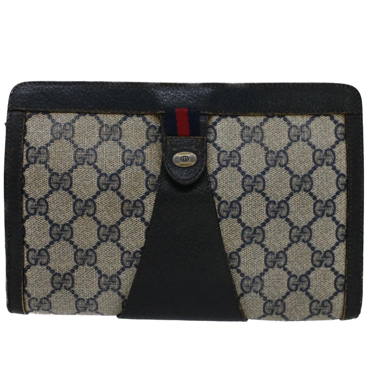 GUCCI GG Canvas Sherry Line Clutch Bag Gray Red Navy 89.01.032 Auth 51456