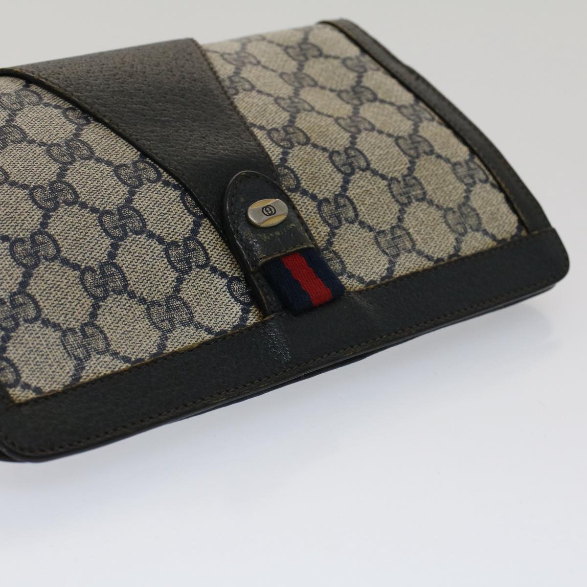 GUCCI GG Canvas Sherry Line Clutch Bag Gray Red Navy 89.01.032 Auth 51456