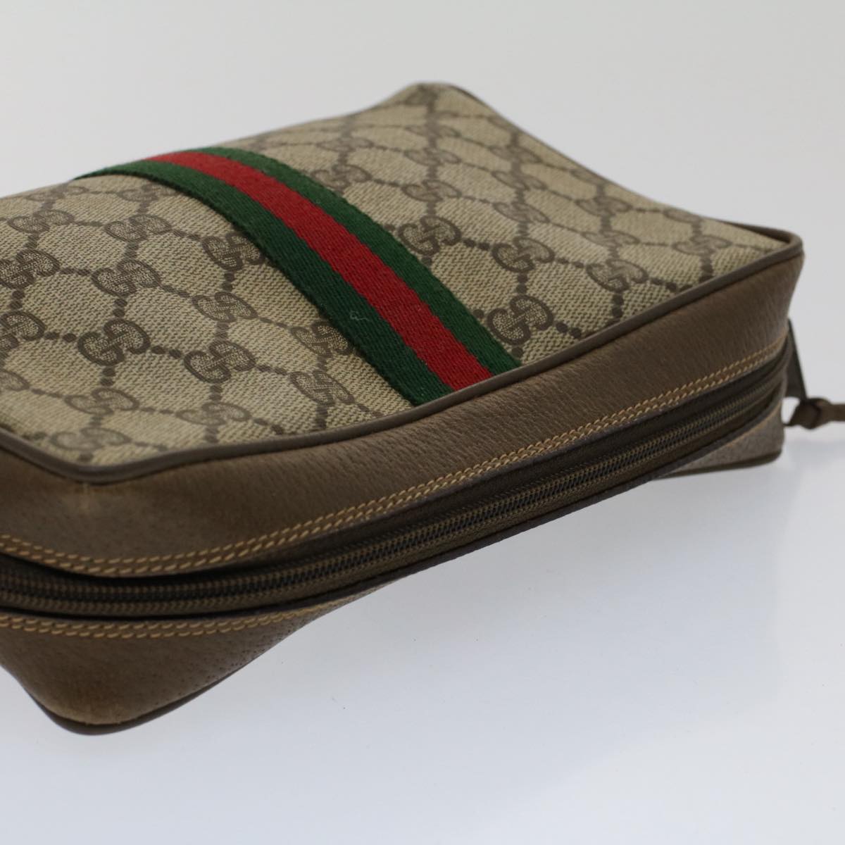 GUCCI GG Canvas Web Sherry Line Clutch Bag Beige Red 89•01•012 Auth 51465