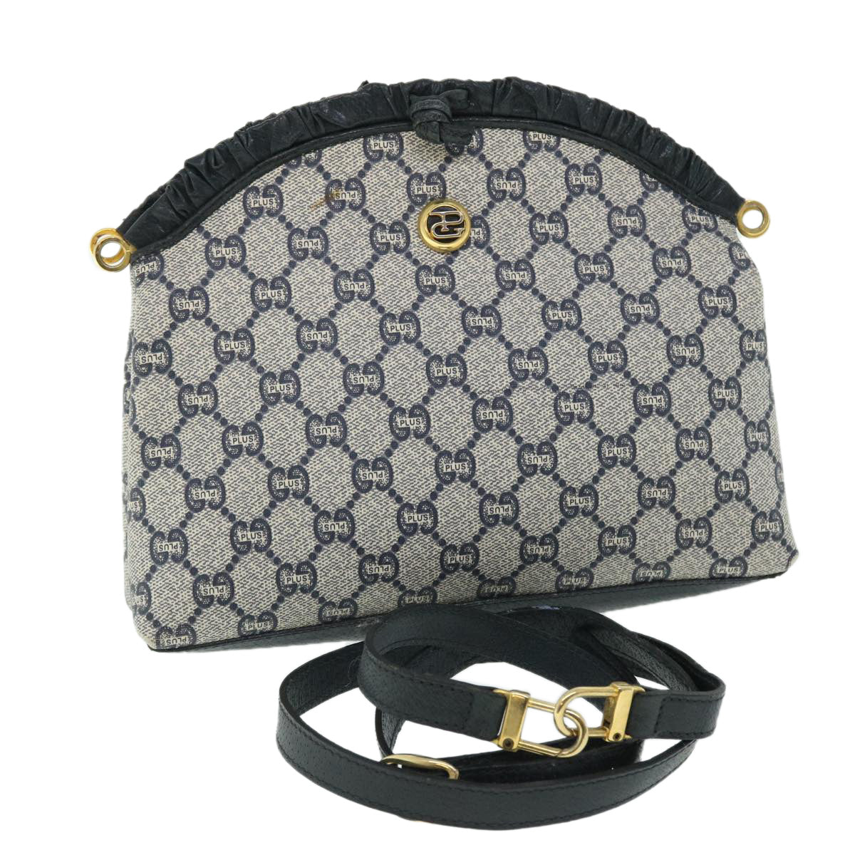 GUCCI GG PLUS Canvas Shoulder Bag PVC Leather Navy Auth 51653