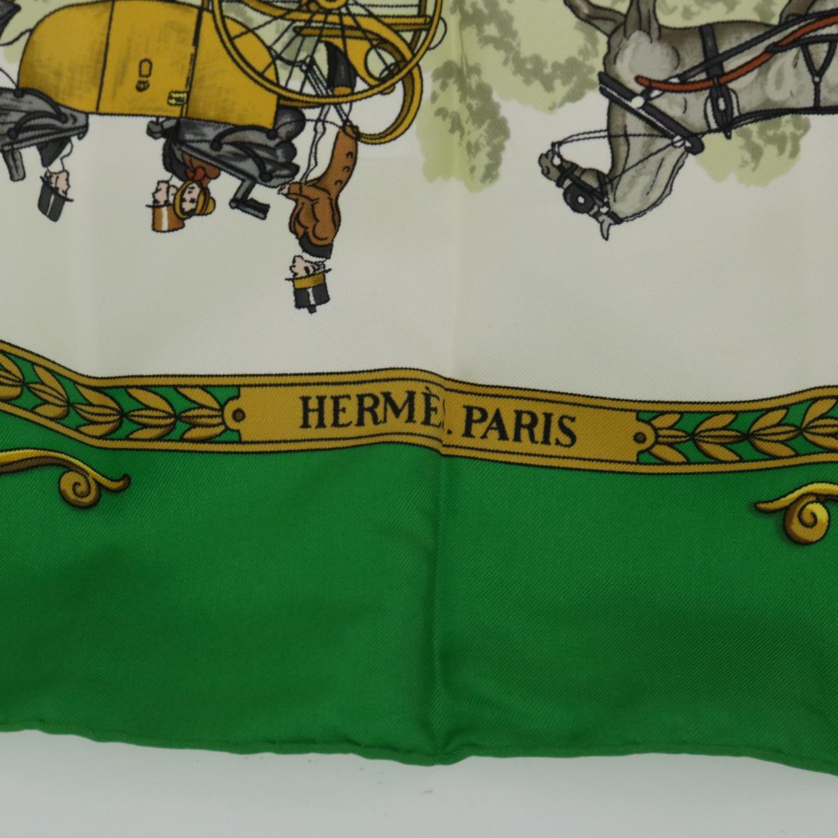 HERMES Carre 90 La Promenade de Longchamps Scarf Silk Green Auth 51669
