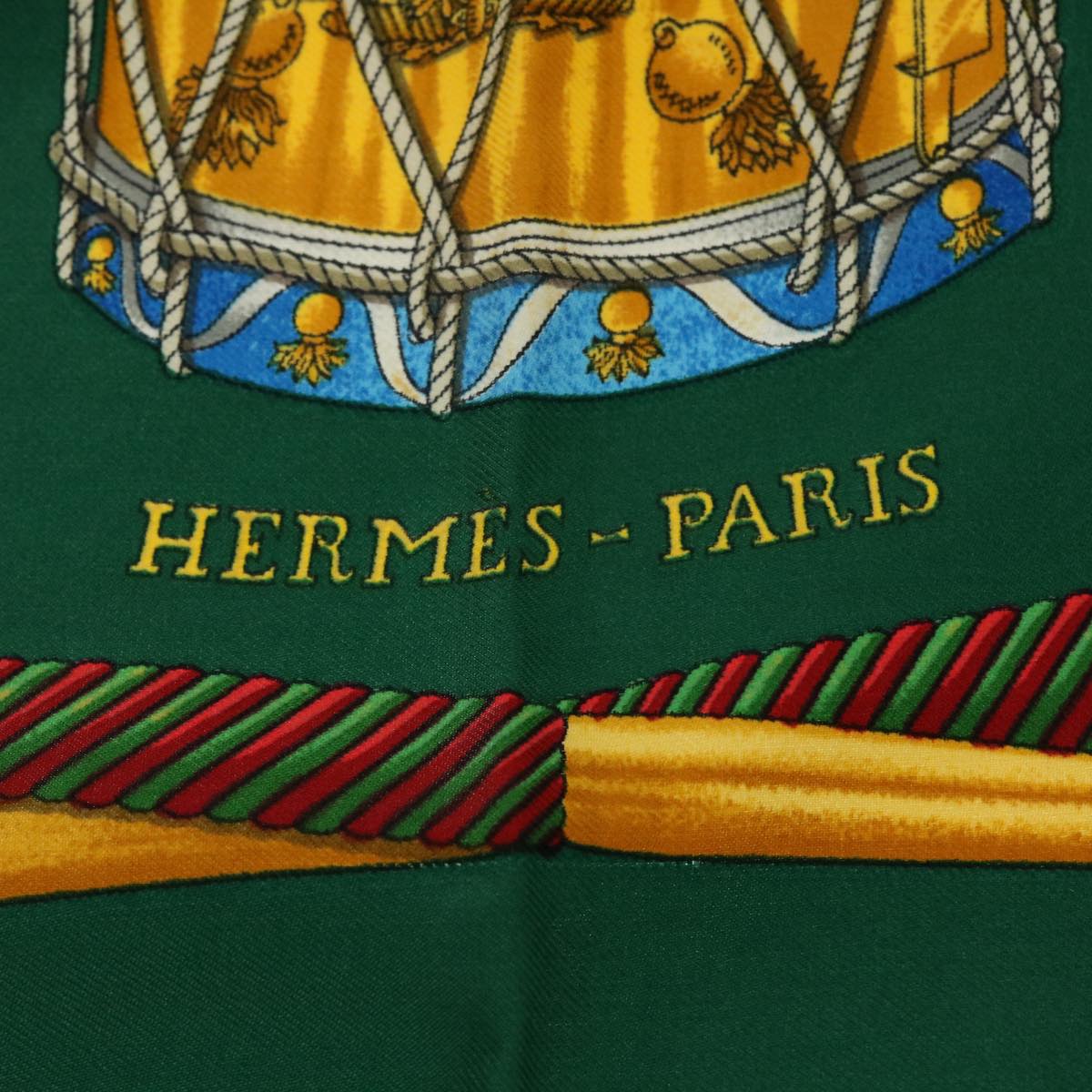 HERMES Carre 90 LES TAMBOURS Scarf Silk Green Auth 51679
