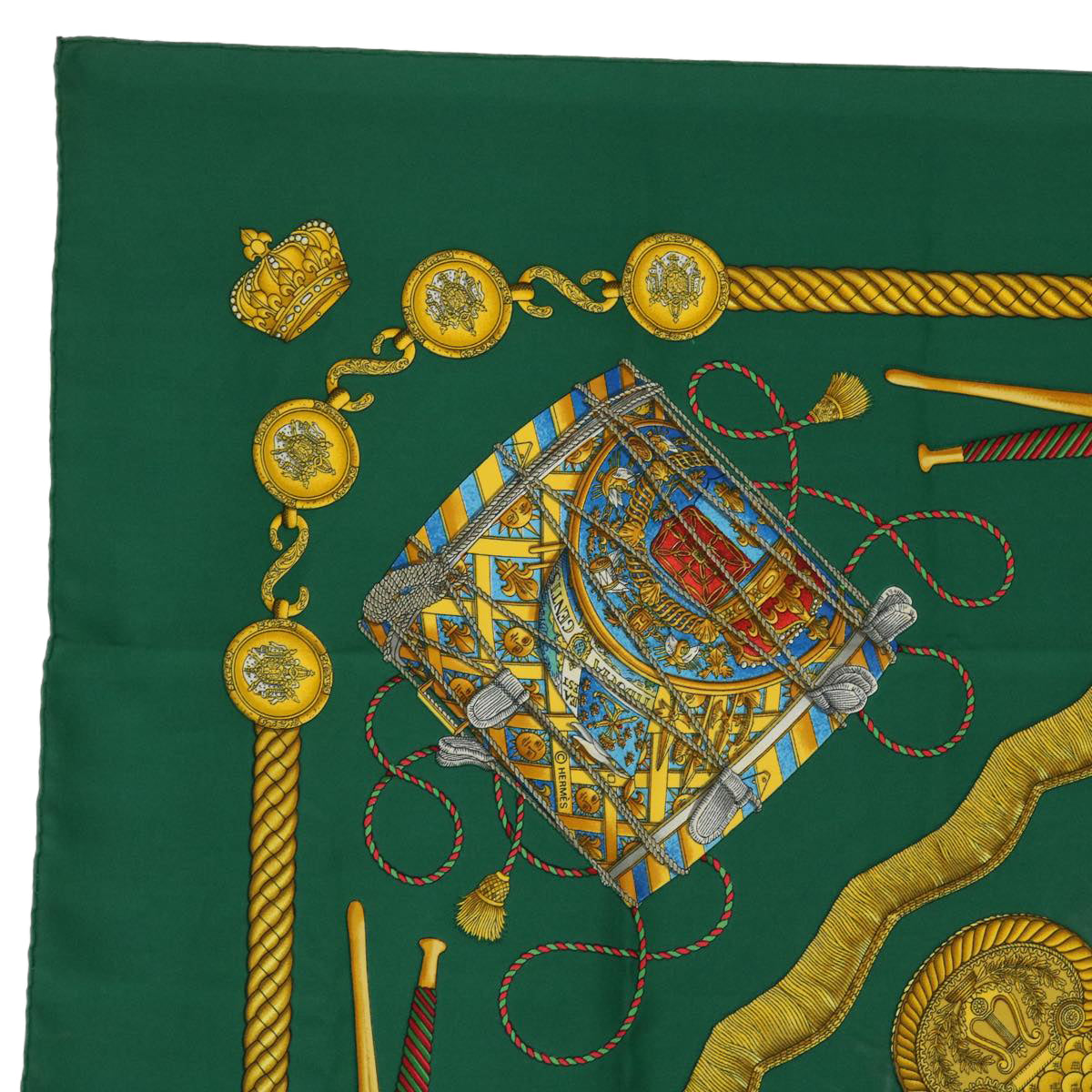 HERMES Carre 90 LES TAMBOURS Scarf Silk Green Auth 51679 - 0