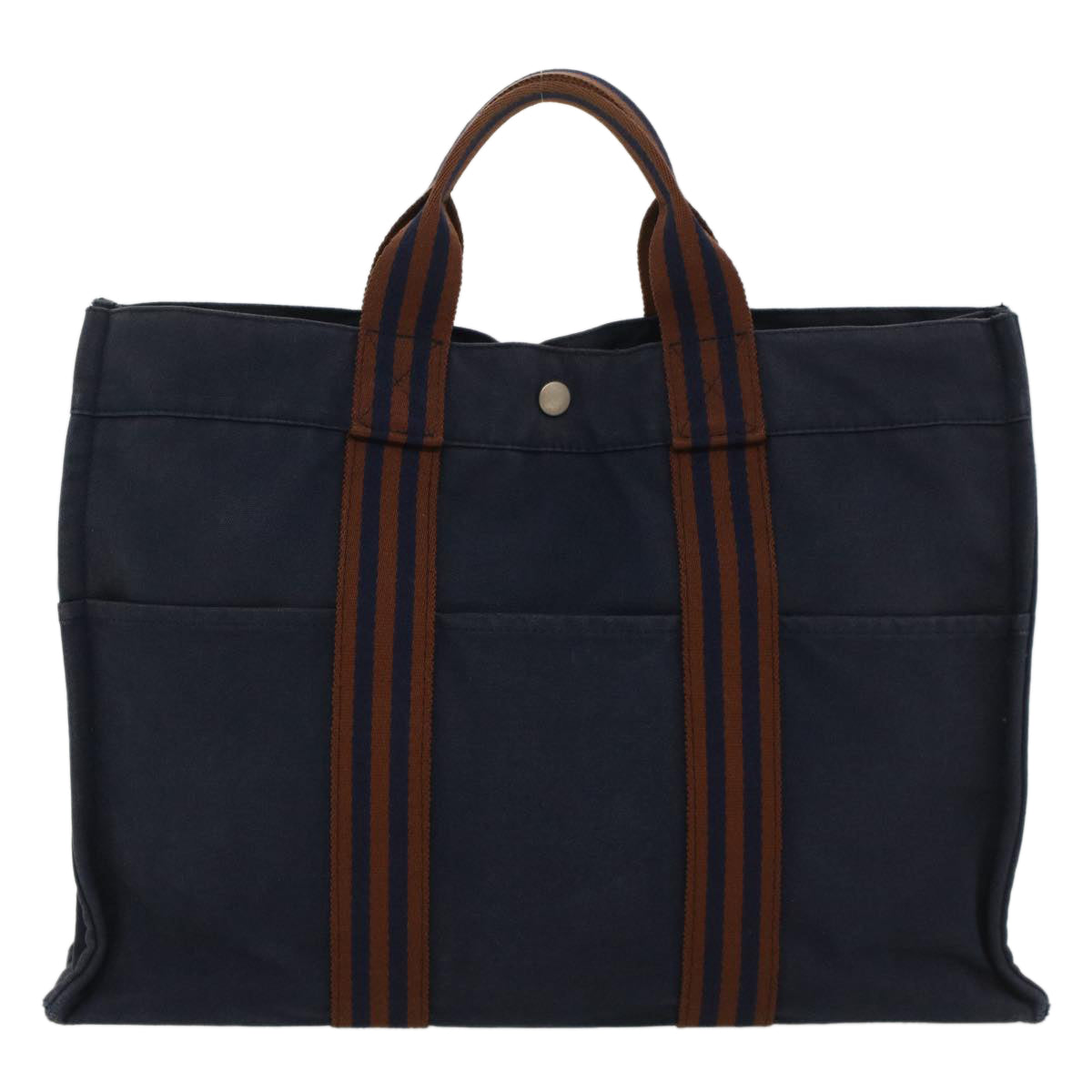 HERMES Fourre Tout MM Tote Bag cotton Navy Brown Auth 51875