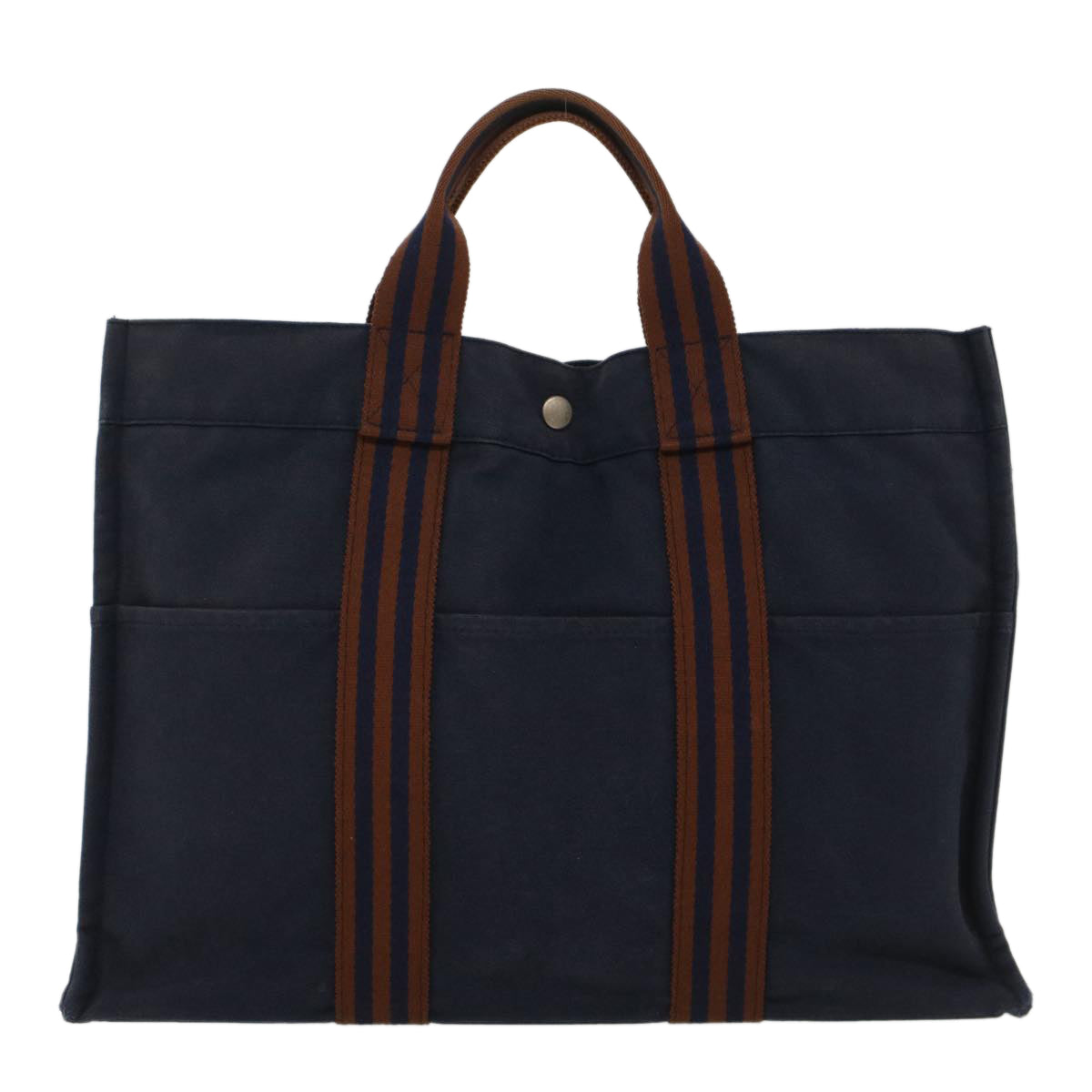 HERMES Fourre Tout MM Tote Bag cotton Navy Brown Auth 51875 - 0