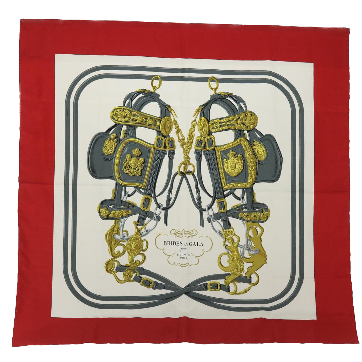 HERMES Carre 90 BRIDES de GALA Scarf Silk Red White Auth 51900