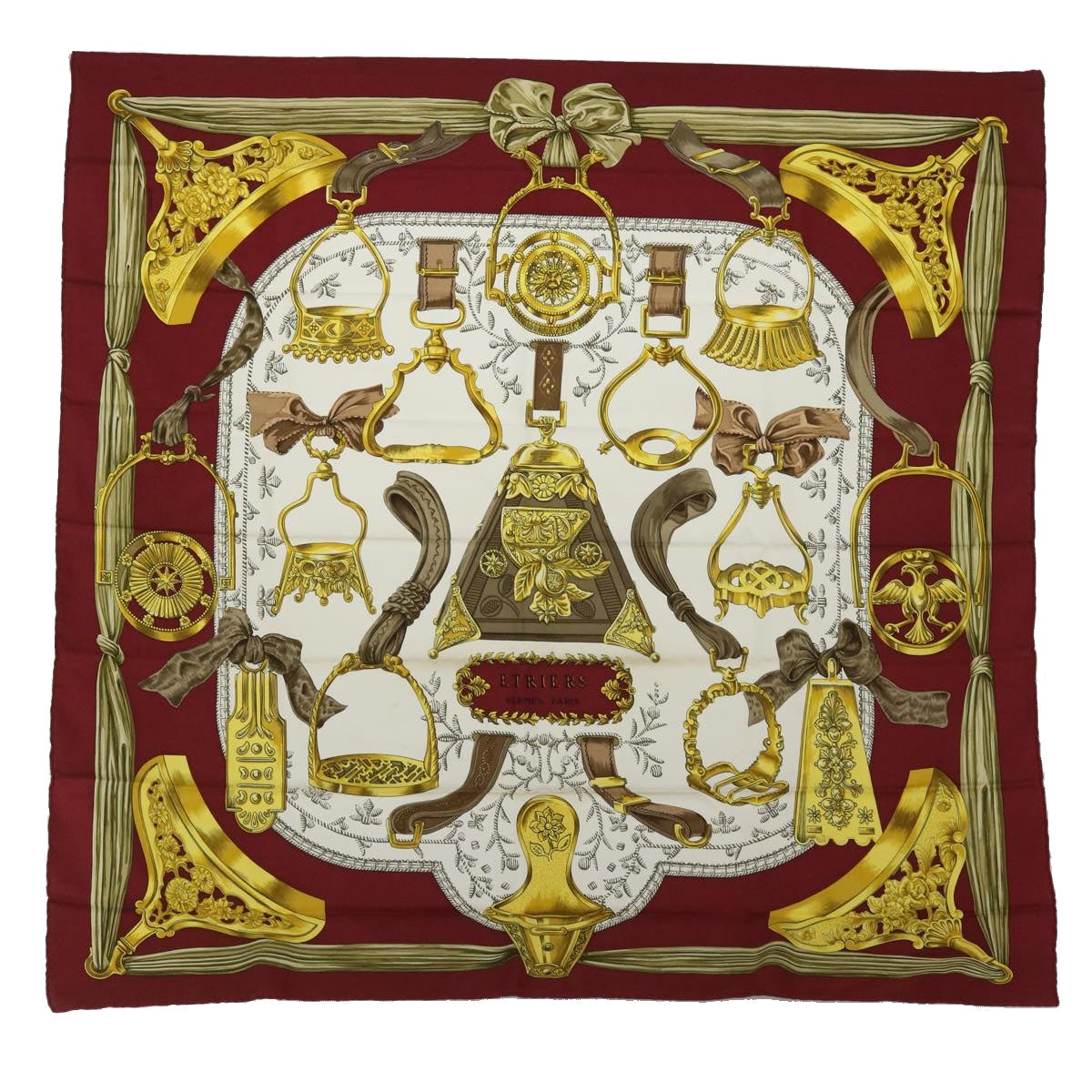 HERMES Carre 90 ETRIERS Scarf Silk Wine Red White yellow Auth 51905