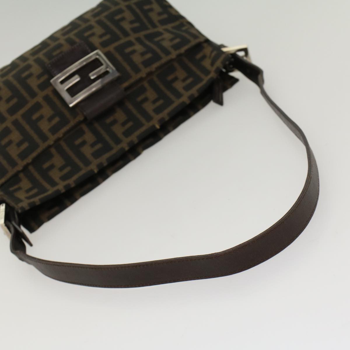 FENDI Zucca Canvas Mamma Baguette Shoulder Bag Black Brown Auth 52008