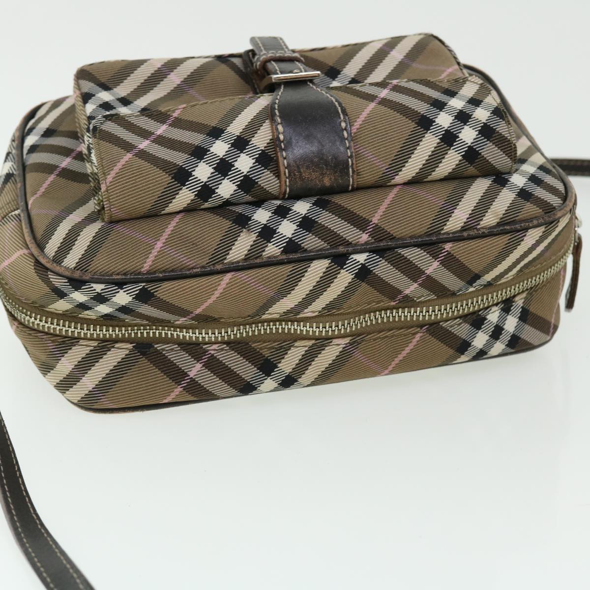 BURBERRY Nova Check Blue Label Shoulder Bag Nylon Leather Brown Auth 52010