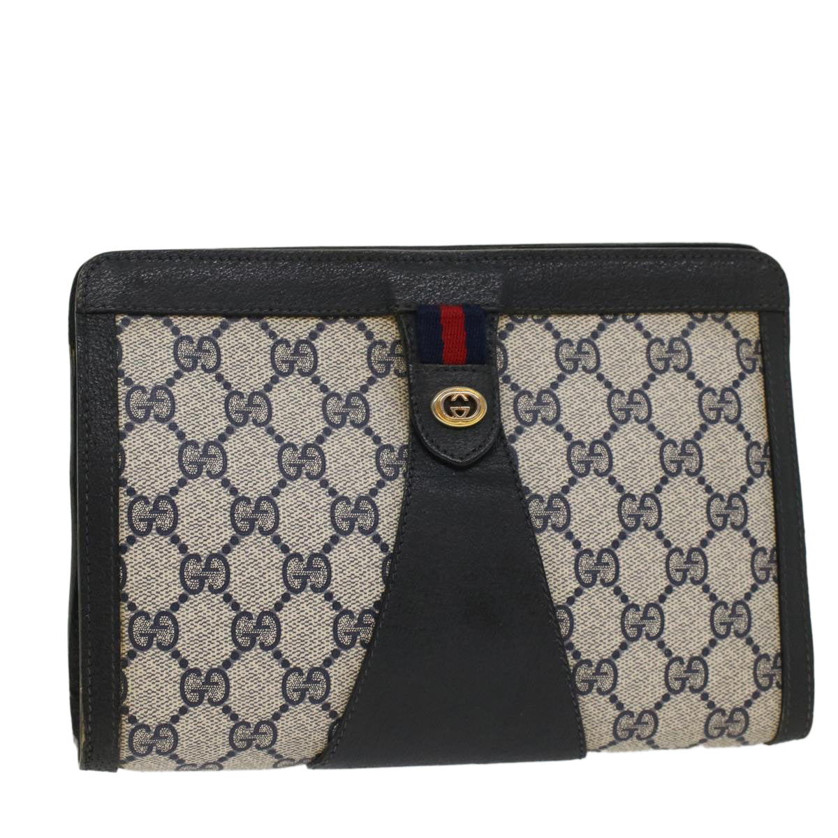 GUCCI GG Canvas Sherry Line Clutch Bag Gray Red Navy 89 01 032 Auth 52036