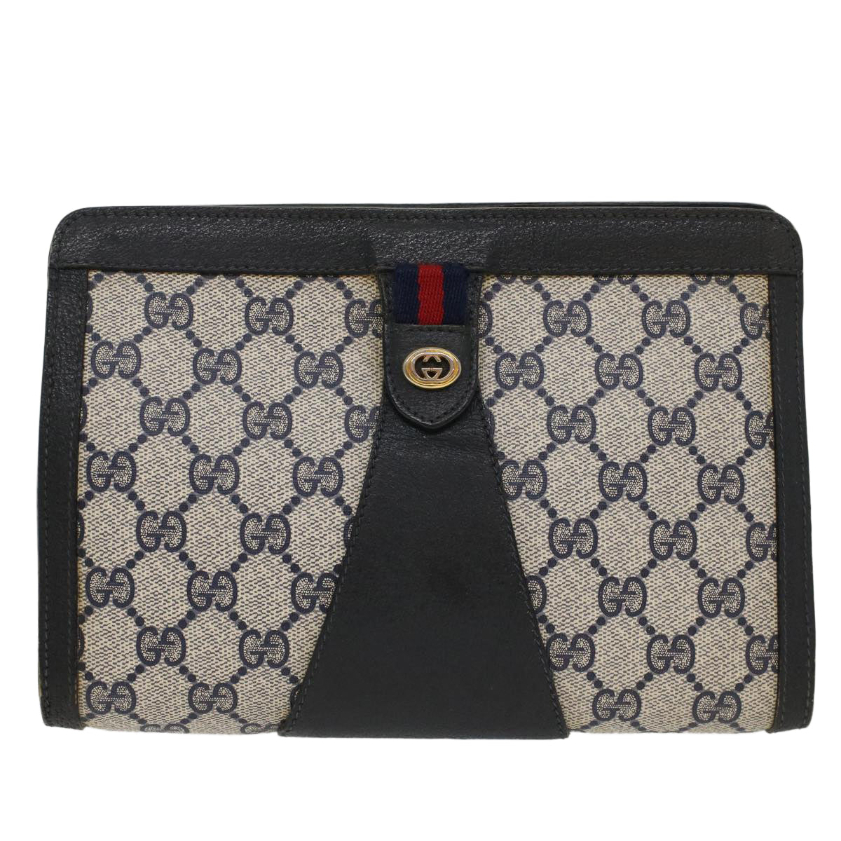 GUCCI GG Canvas Sherry Line Clutch Bag Gray Red Navy 89 01 032 Auth 52036 - 0