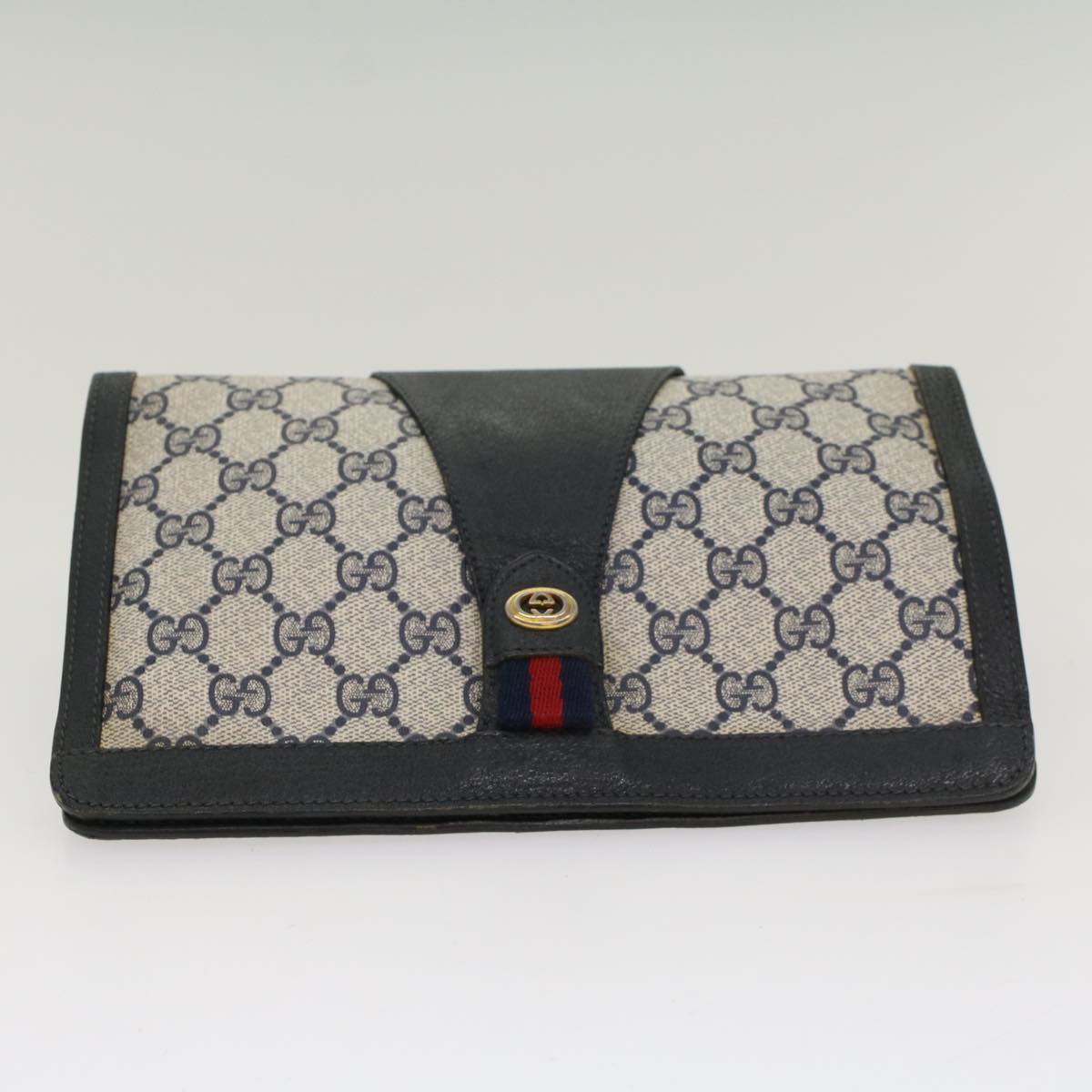 GUCCI GG Canvas Sherry Line Clutch Bag Gray Red Navy 89 01 032 Auth 52036