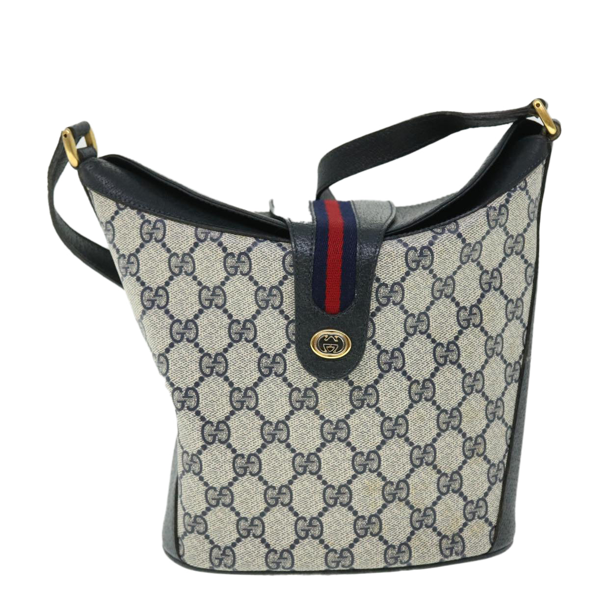 GUCCI GG Canvas Sherry Line Shoulder Bag PVC Leather Gray Red Navy Auth 52037 - 0