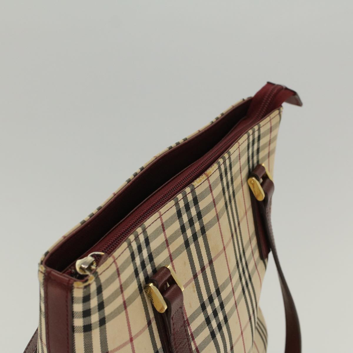 BURBERRY Nova Check Shoulder Bag Nylon Leather Beige Wine Red Auth 52038