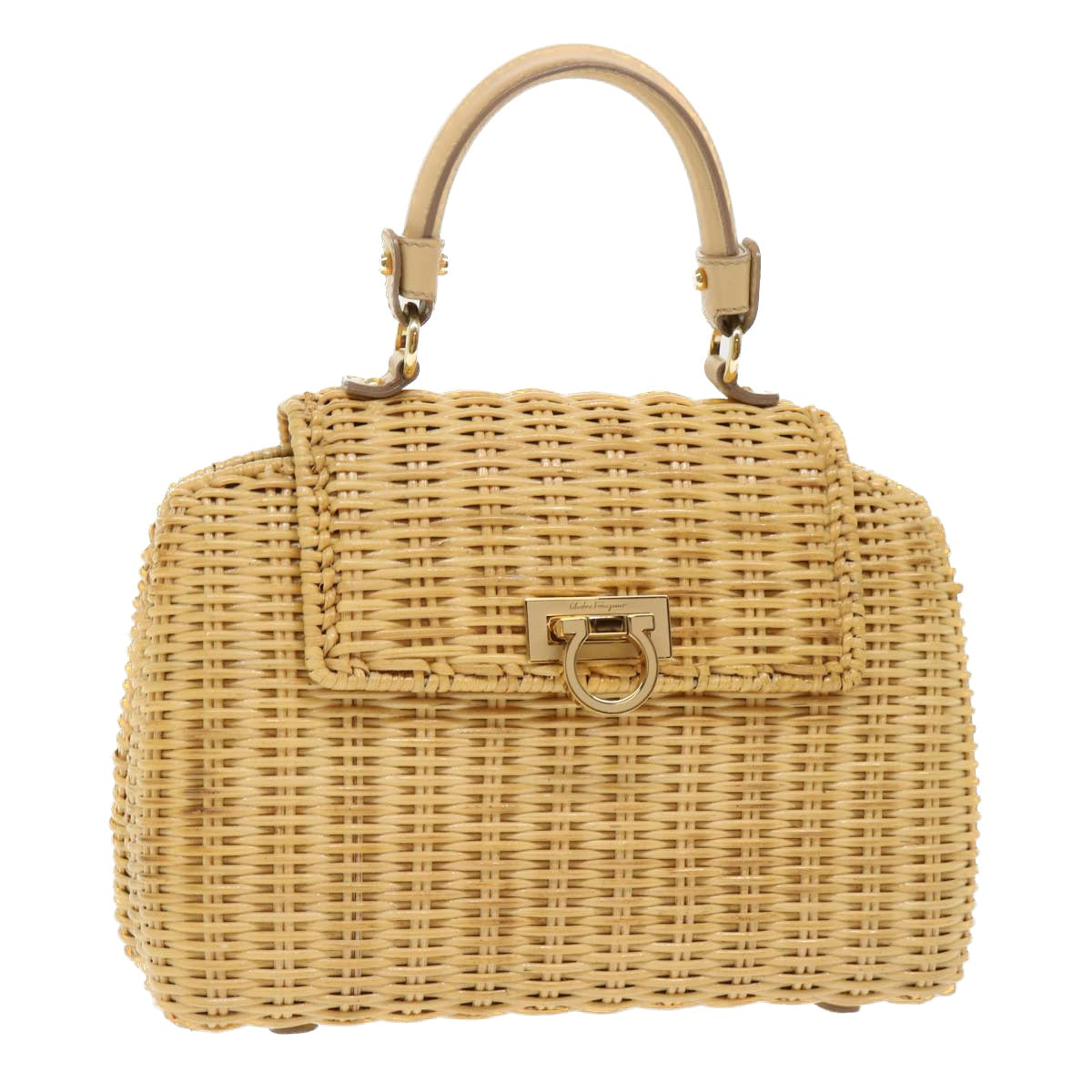 Salvatore Ferragamo Wicker Gancini Sophia Hand Bag Wood Beige Auth 52073