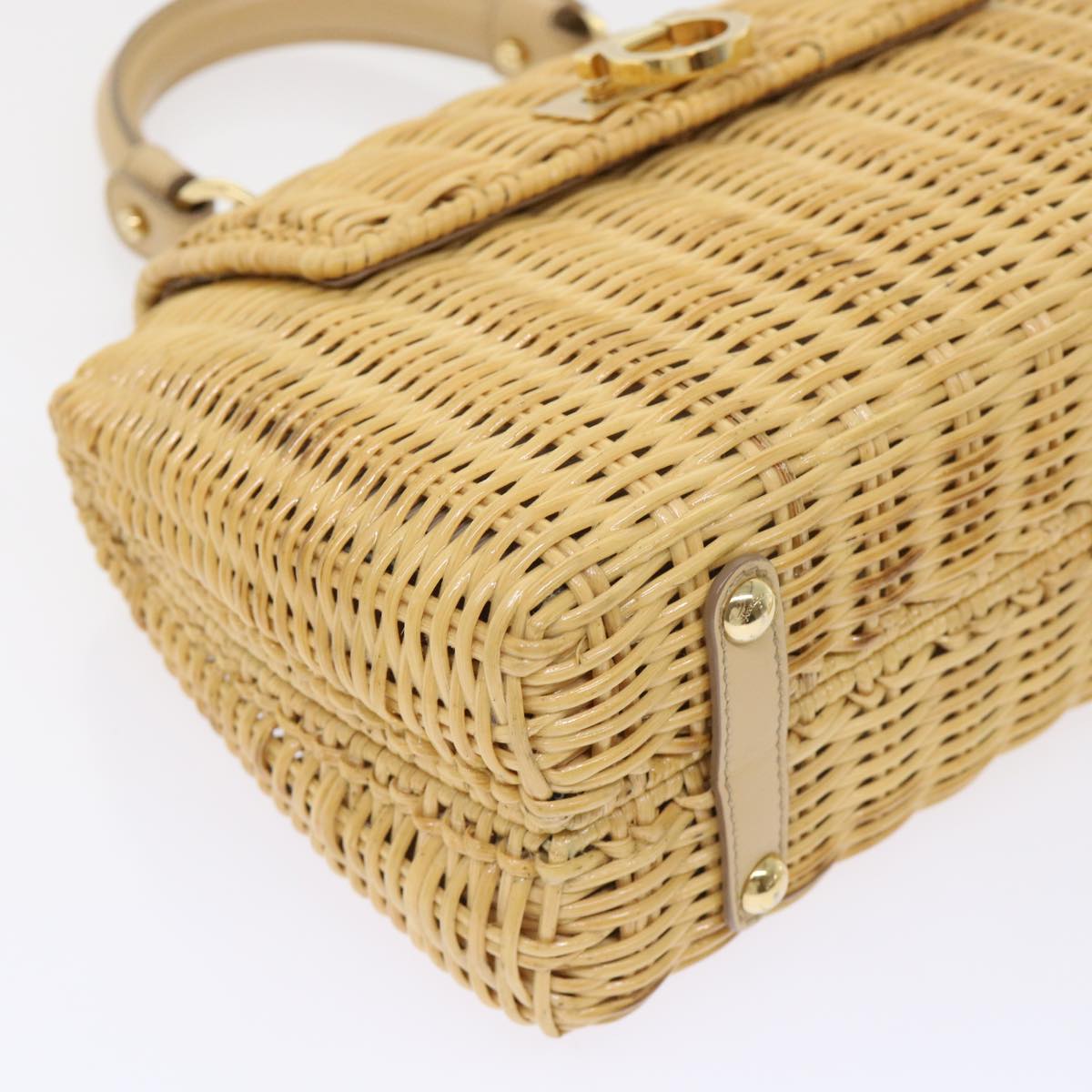 Salvatore Ferragamo Wicker Gancini Sophia Hand Bag Wood Beige Auth 52073