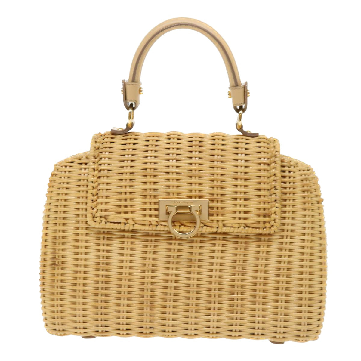 Salvatore Ferragamo Wicker Gancini Sophia Hand Bag Wood Beige Auth 52073