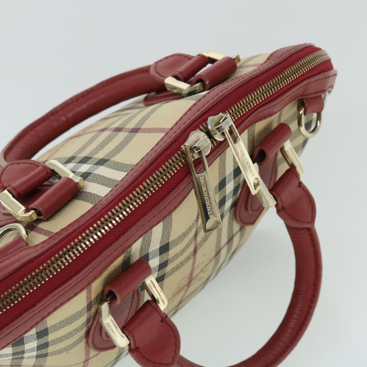 BURBERRY Nova Check Hand Bag PVC Leather 2way Beige Red Auth 52129