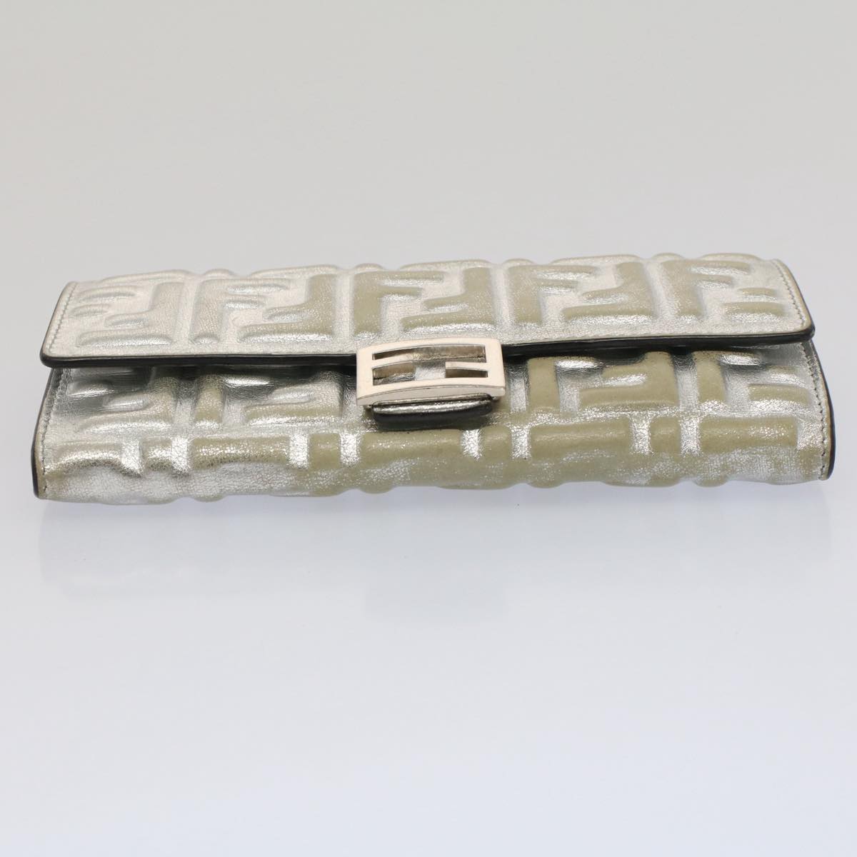 FENDI Zucca Canvas Mamma Baguette Long Wallet Silver Auth 52170