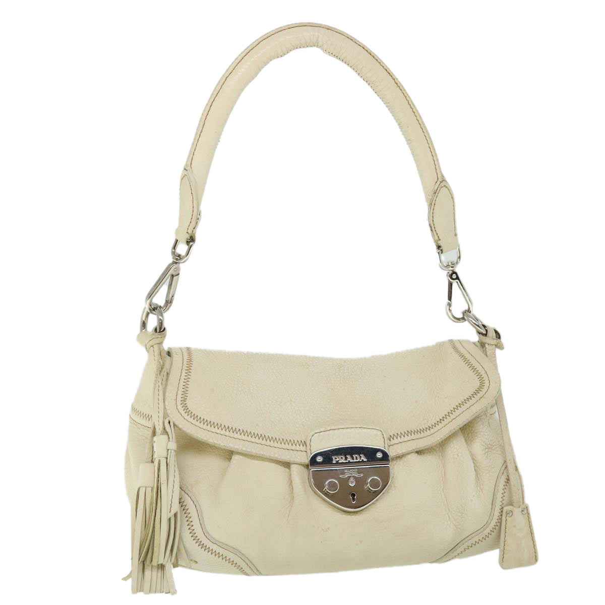 PRADA Hand Bag Leather White Auth 52245