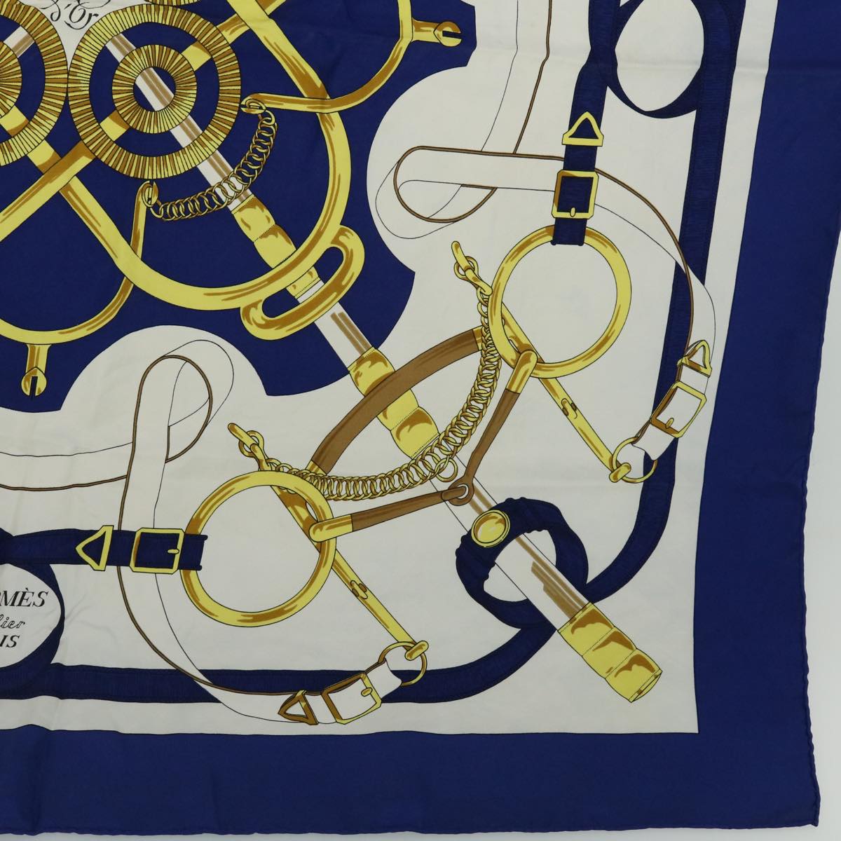 HERMES Carre 90 Fellier Eperon d’or Scarf Silk Blue White yellow Auth 52260