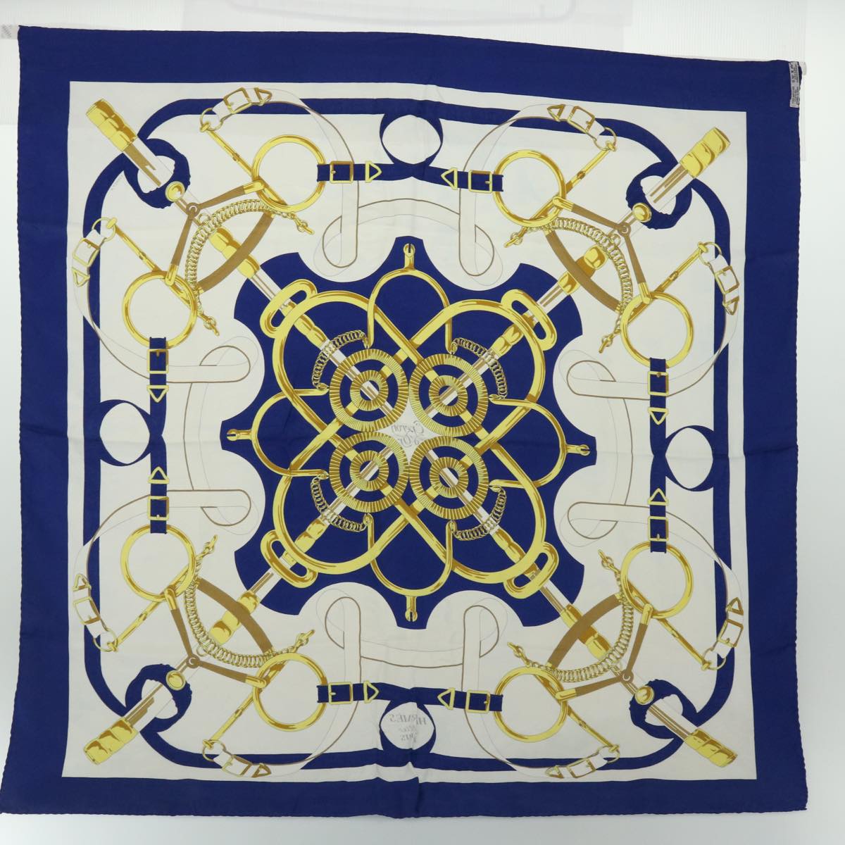 HERMES Carre 90 Fellier Eperon d’or Scarf Silk Blue White yellow Auth 52260