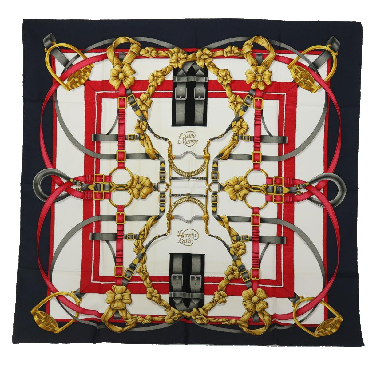 HERMES Carre 90 Grand Manege Scarf Silk Navy Red Auth 52262