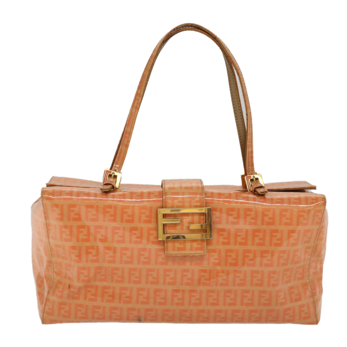 FENDI Zucchino Canvas Mamma Baguette Hand Bag Enamel Orange Auth 52439