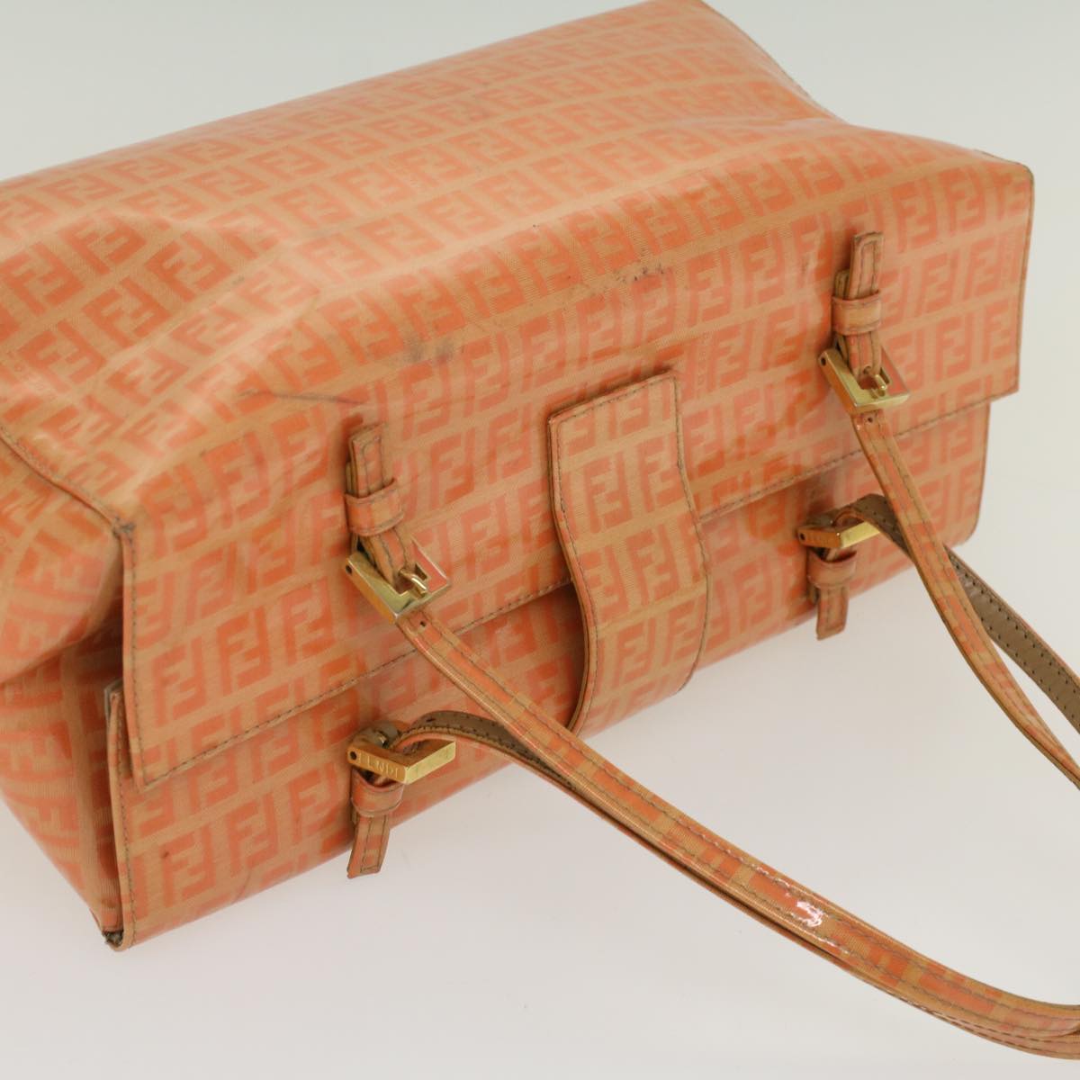 FENDI Zucchino Canvas Mamma Baguette Hand Bag Enamel Orange Auth 52439