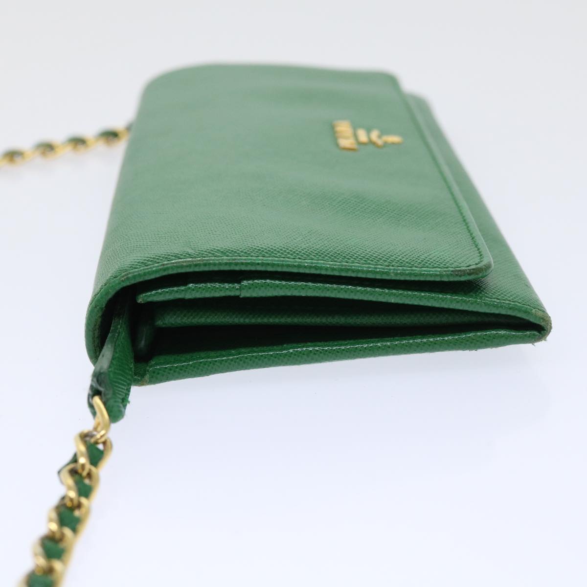 PRADA Shoulder Chain Wallet Safiano leather Green Auth 52446