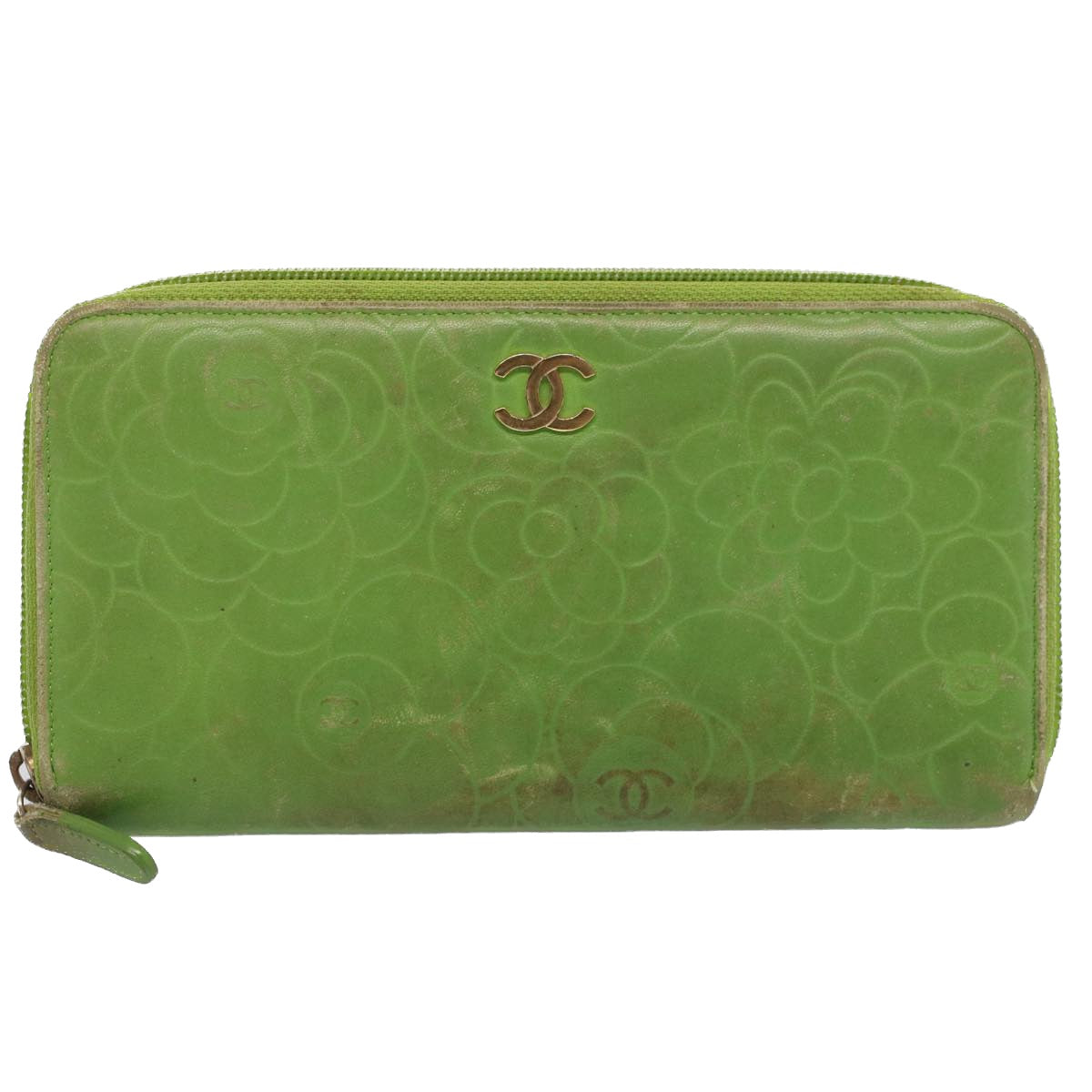 CHANEL Camelia Long Wallet Leather Green CC Auth 52452