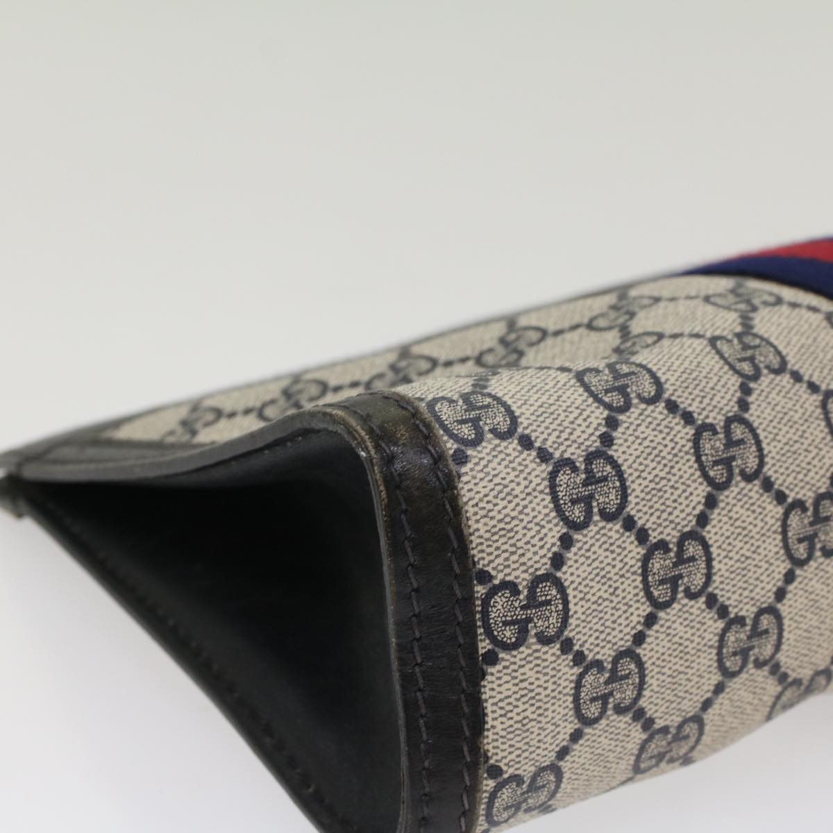 GUCCI GG Canvas Sherry Line Clutch Bag Gray Red Navy 41 014 2125 28 Auth 52492