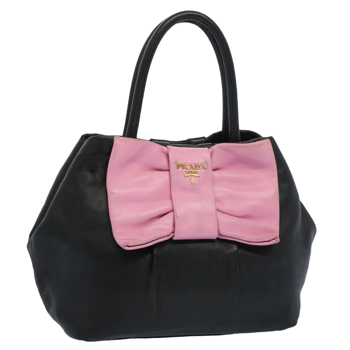 PRADA Ribbon Hand Bag Leather 2way Black Pink Auth 52729