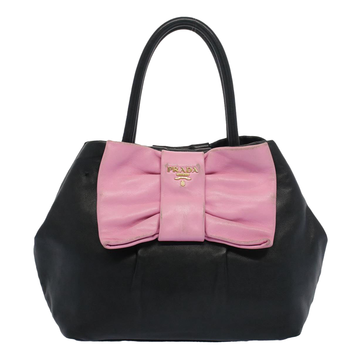 PRADA Ribbon Hand Bag Leather 2way Black Pink Auth 52729